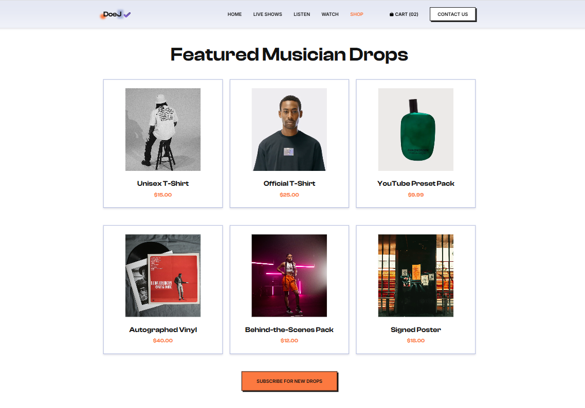 Project website for musician page home showing musician vibe